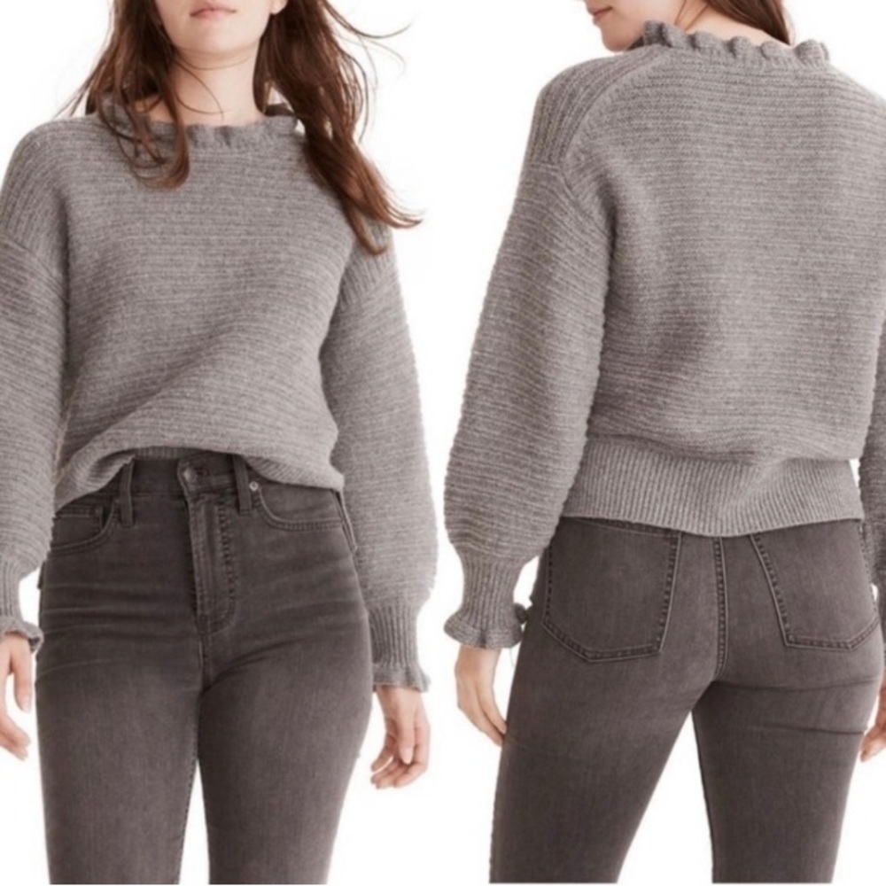 Madewell Gray Ruffle Neck Pullover Sweater Cotton Merino Wool Size L